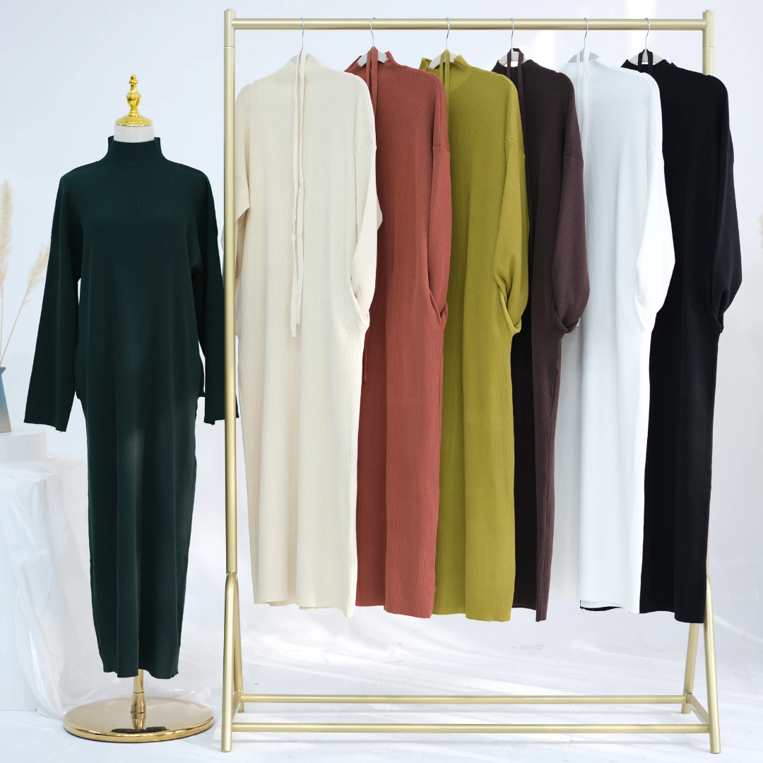 Ribbed Thin Knit Abaya Dress With Pockets