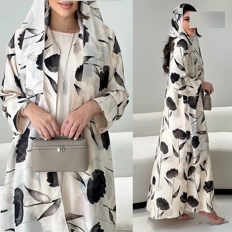 Petal Noir Floral Printed Abaya and Scarf