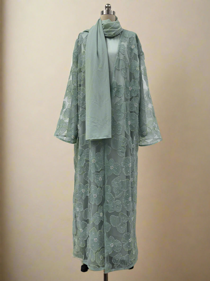 Haya Pearl Bloom Abaya Embellished Set 3 Piece Pre-Order