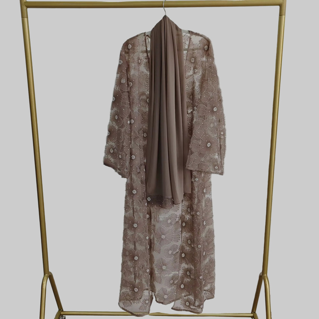 Haya Pearl Bloom Abaya Embellished Set 3 Piece Pre-Order