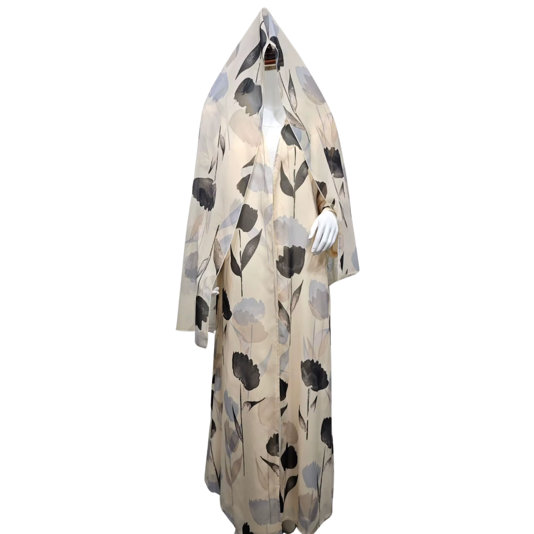 Petal Noir Floral Printed Abaya and Scarf