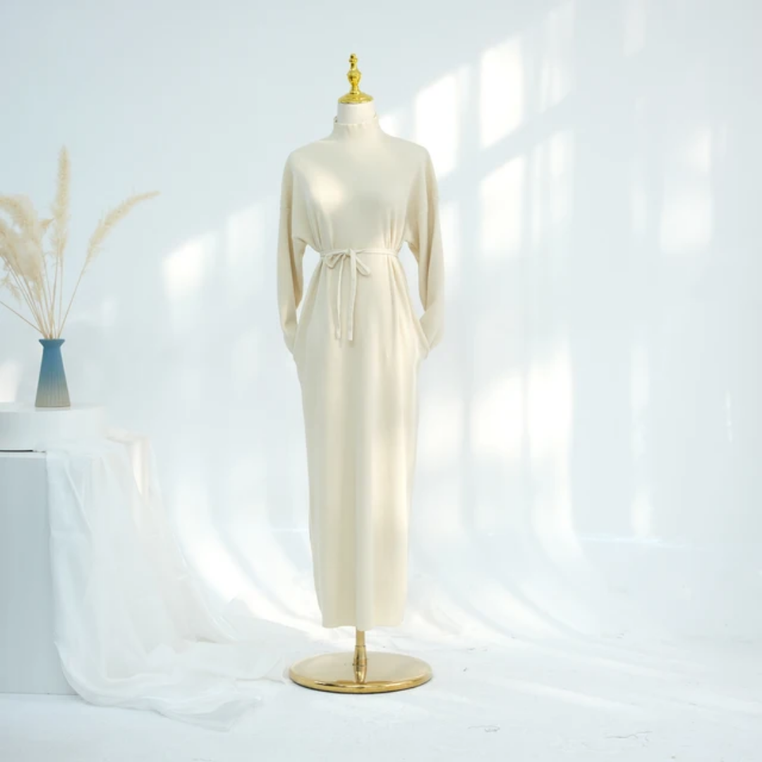 Ribbed Thin Knit Abaya Dress With Pockets