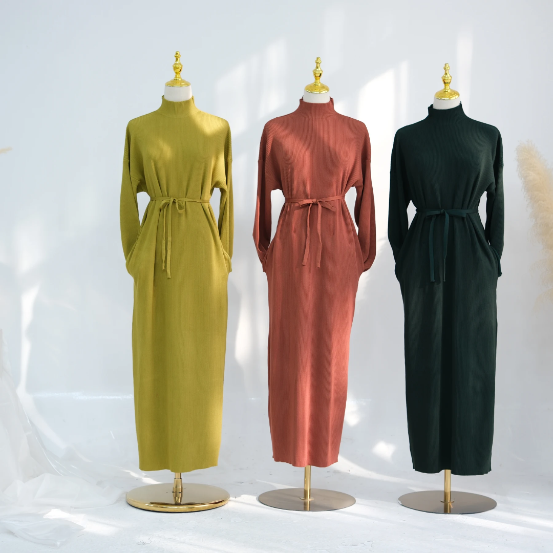 Ribbed Thin Knit Abaya Dress With Pockets