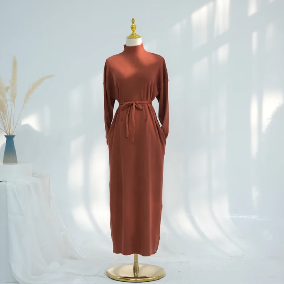 Ribbed Thin Knit Abaya Dress With Pockets