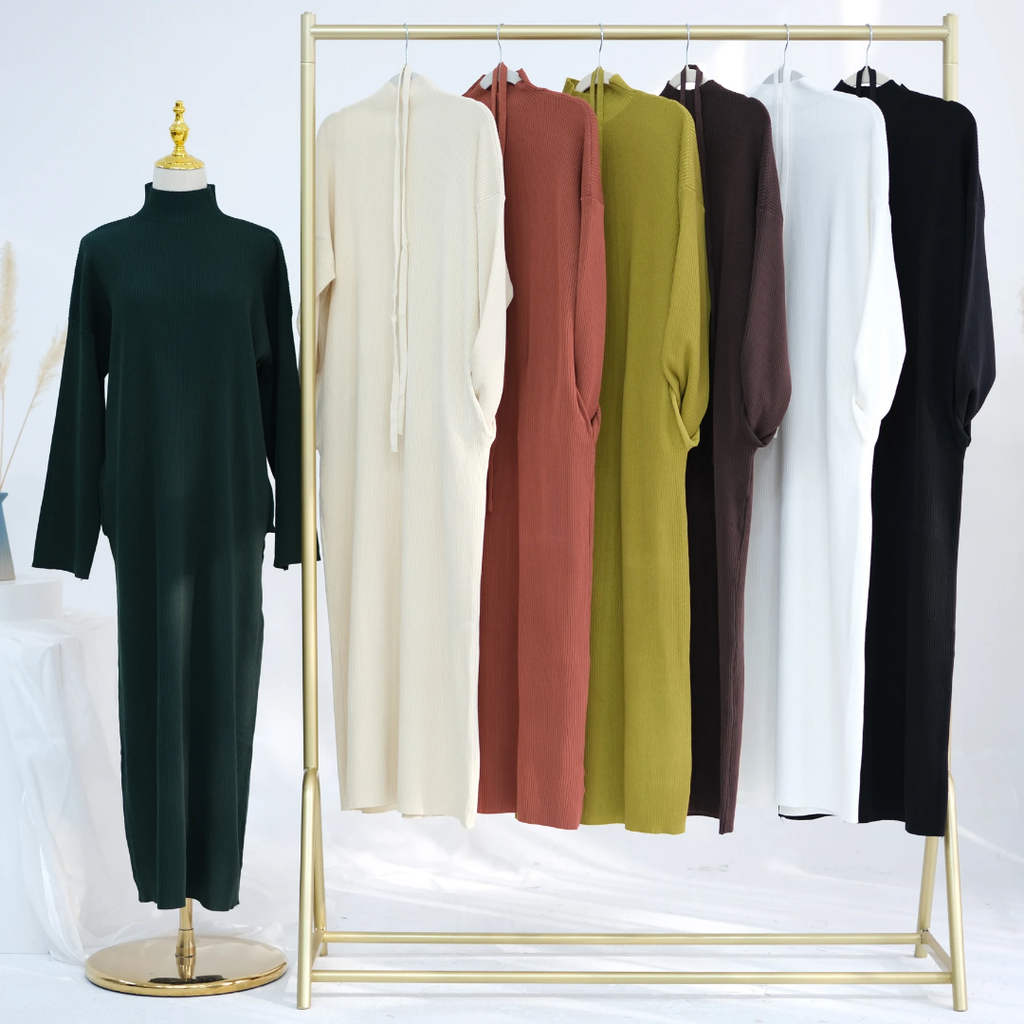 Ribbed Thin Knit Abaya Dress With Pockets