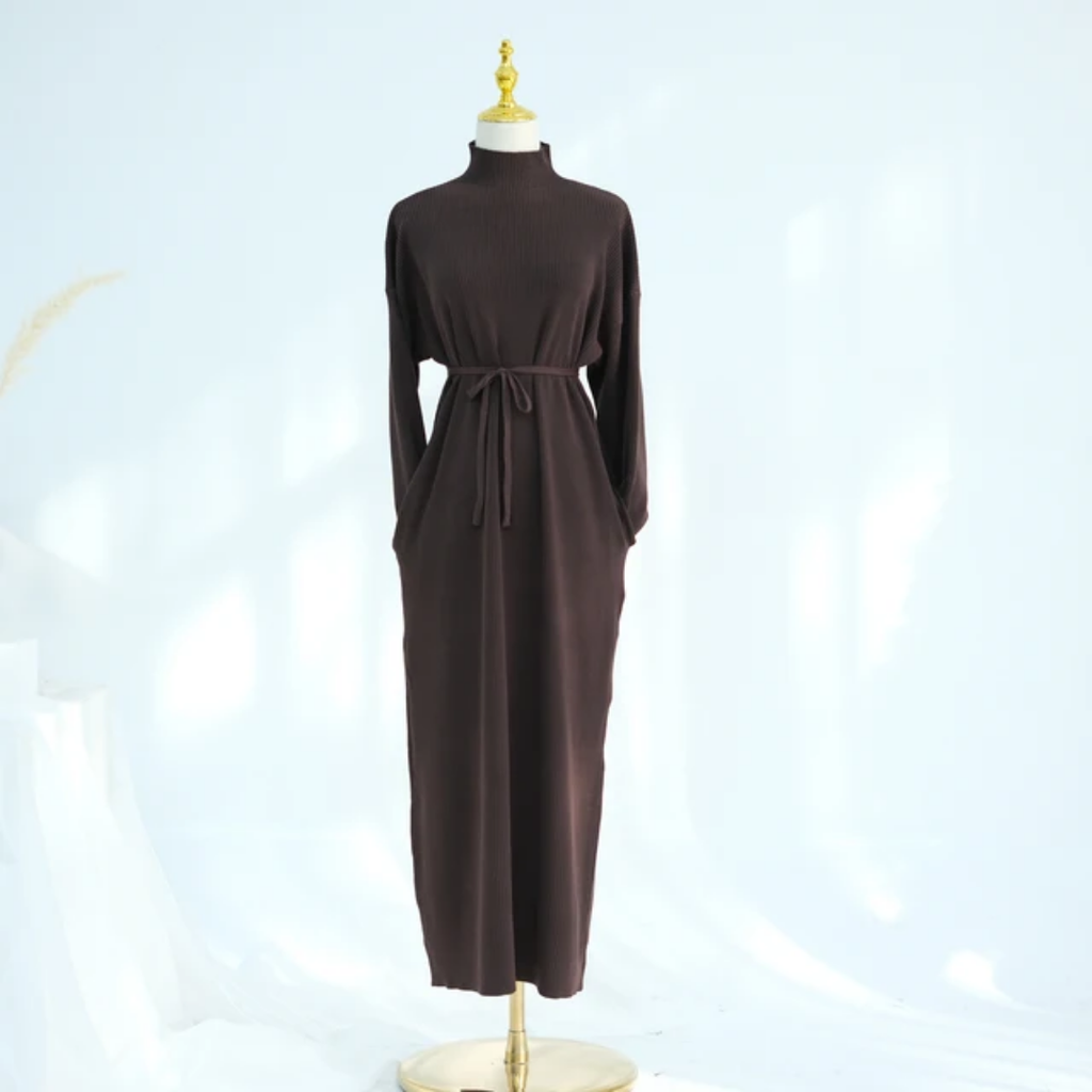Ribbed Thin Knit Abaya Dress With Pockets