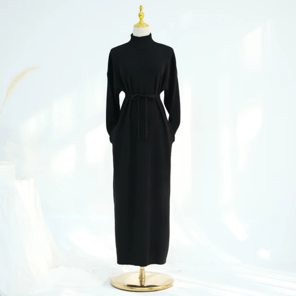 Ribbed Thin Knit Abaya Dress With Pockets