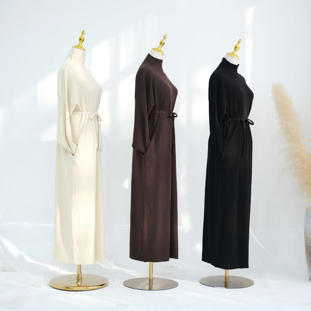 Ribbed Thin Knit Abaya Dress With Pockets