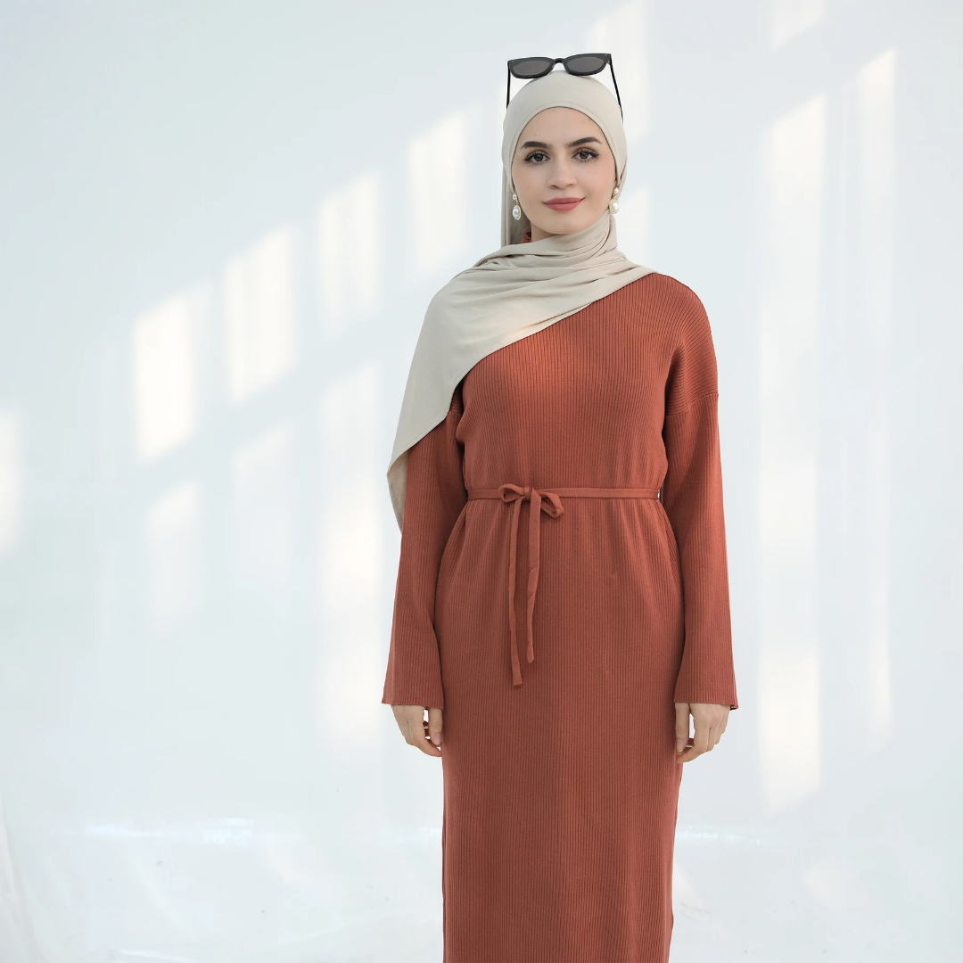 Ribbed Thin Knit Abaya Dress With Pockets